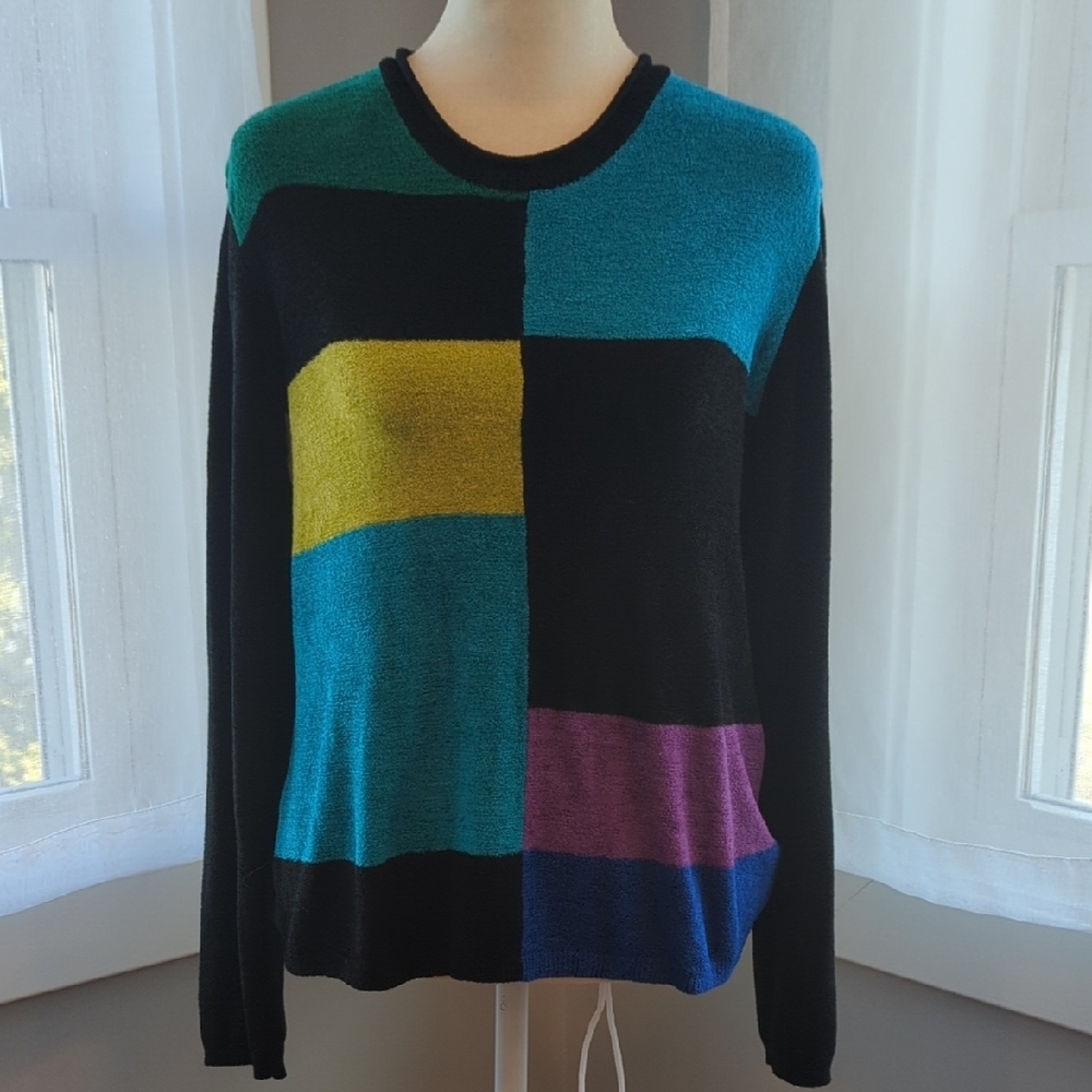 Vintage 90s Colorblock Sweater - Black, Blue, Yellow, Purple